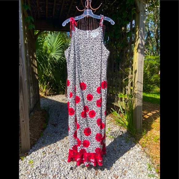 Dresses & Skirts - Sarah Young Leopard print with red floral accent. dress strap ties rayon & linen